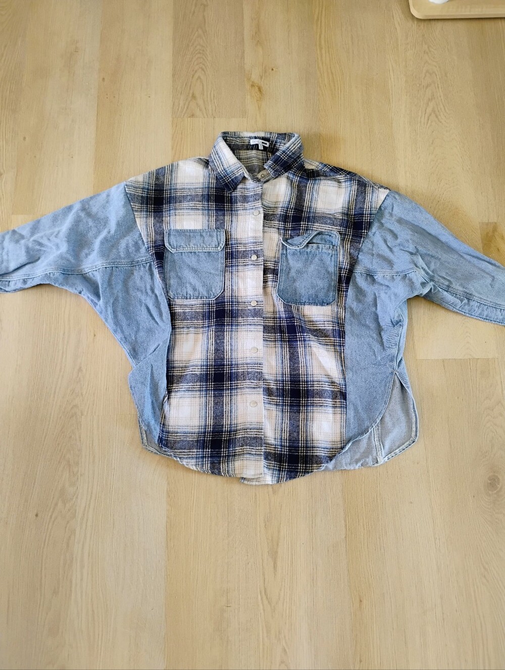 Fashion Nova Blue and White Plaid Button-Down Shirt with Denim Sleeves